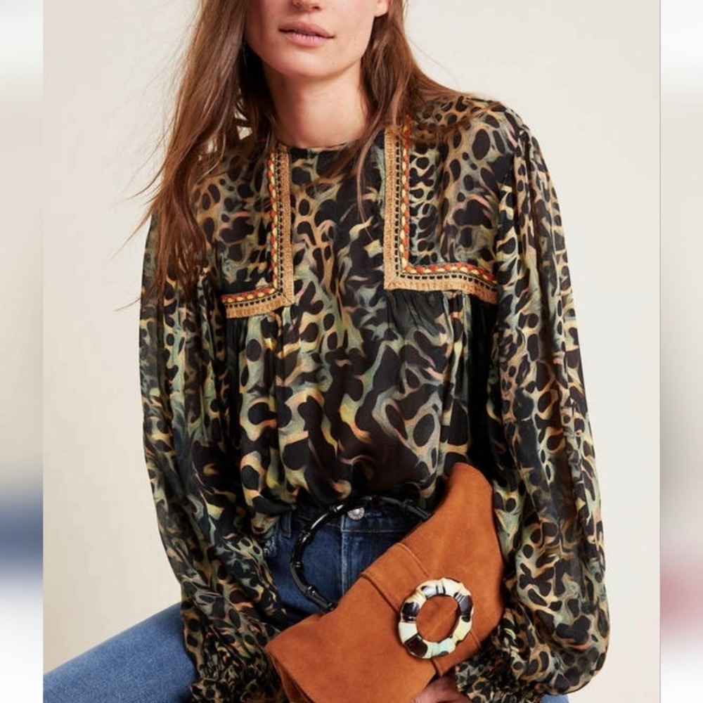 Bl^nk London Joelle Leopard Print Peasant Blouse‎ XS Black Green